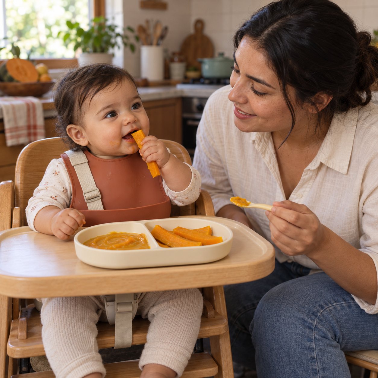 Un bebé en su silla alta come un bastón de calabaza mientras su mamá le ofrece puré con cuchara