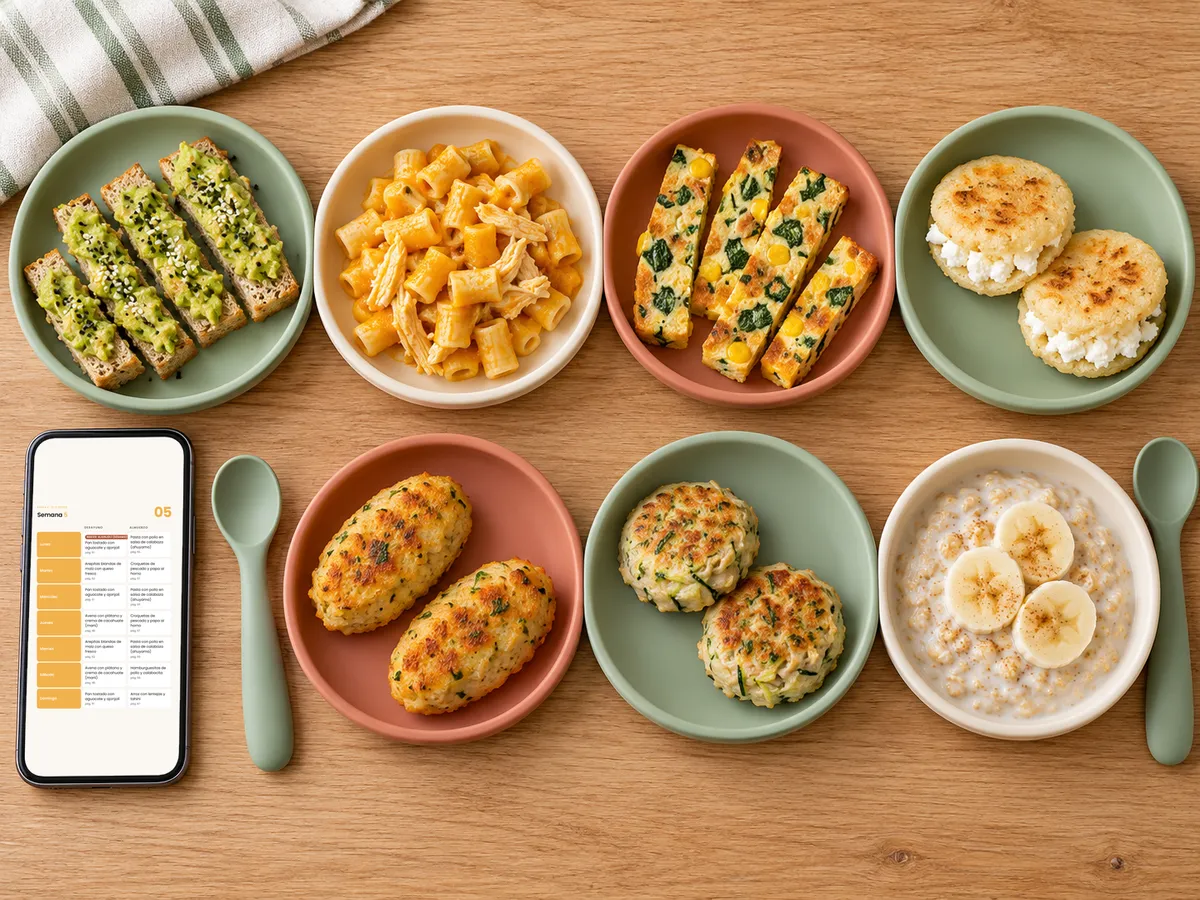 Siete platitos de bebé con las comidas de la semana 5 del recetario y un celular con ese menú